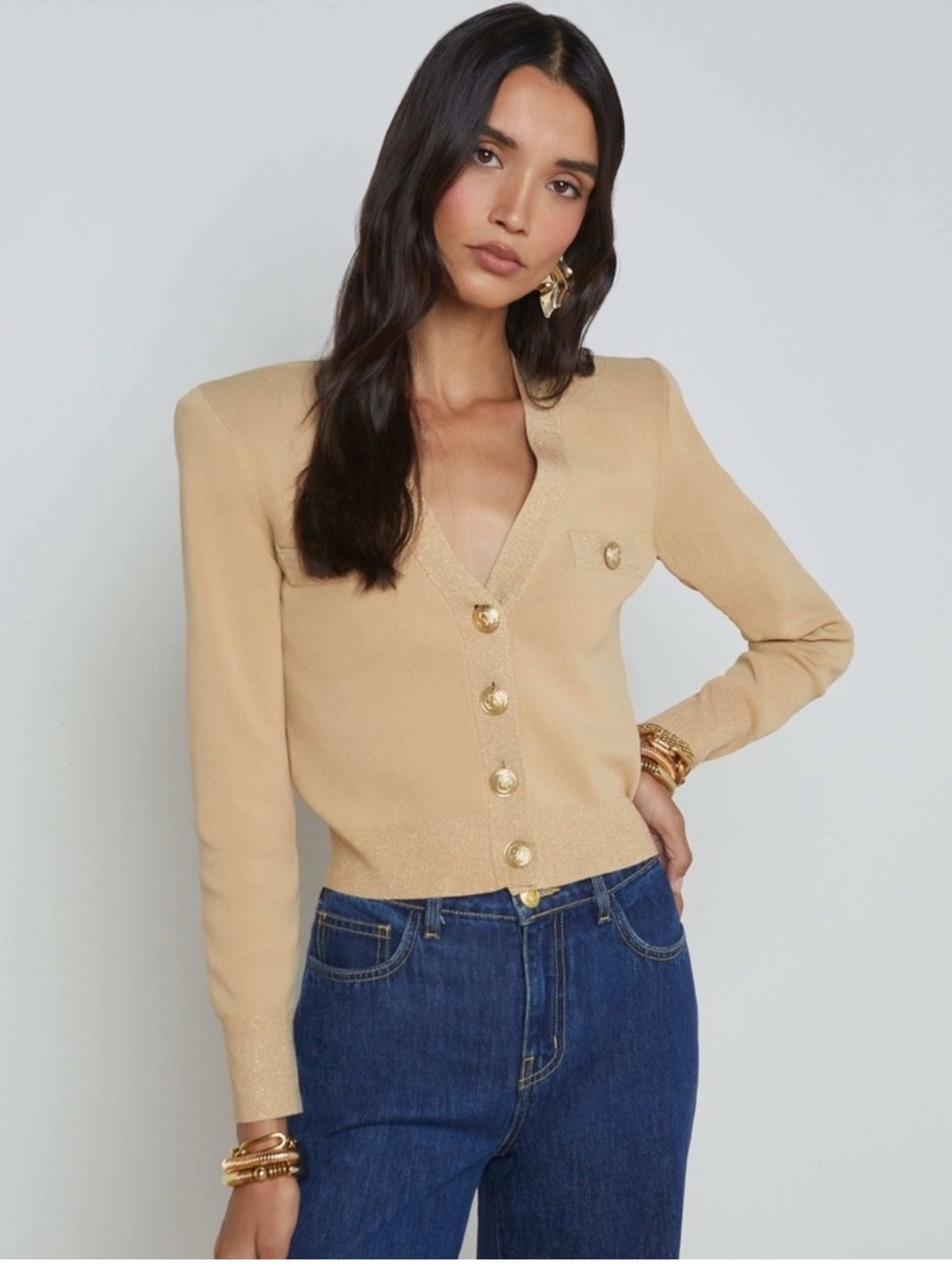 L'Agence Taya V Neck Cardigan Sweater Women's S Latte Gold Front Button Closure